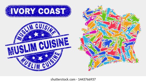 Construction Ivory Coast map and blue Muslim Cuisine distress seal stamp. Colored vector Ivory Coast map mosaic of tools elements. Blue round Muslim Cuisine stamp.