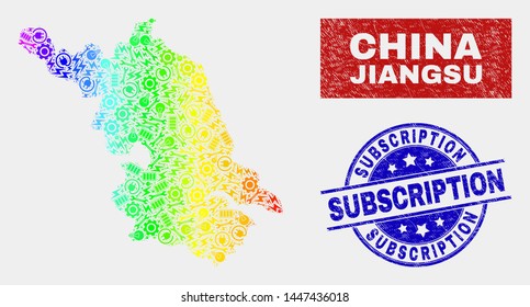 Construction Jiangsu Province map and blue Subscription grunge seal. Spectral gradiented vector Jiangsu Province map mosaic of industrial elements. Blue rounded Subscription seal.