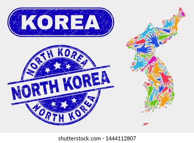 Construction Korea map and blue North Korea scratched stamp. Colorful vector Korea map mosaic of machinery parts. Blue rounded North Korea stamp.