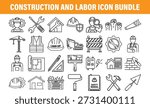 Construction and labor icon bundle in line art style for building and trade projects Vector