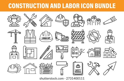Paquete de icono de construcción y mano de obra en estilo de arte de línea para proyectos de construcción y comercio Vector
