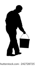 Construction laborer with bucket vector silhouette illustration isolated. Worker painter painting wall. Under construction work. Handyman job home. Diagnostic and fix, carpenter man problem solved.