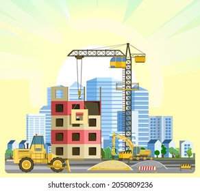 Construction of large city buildings. Residential houses and industrial objects. Lifting crane. Sunrise. Modern technologies and equipment. Illustration vector.