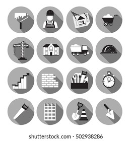 Construction layered round icon flat set with long shadow. Black and white vector