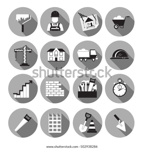 Construction layered round icon flat set with long\
shadow. Black and white\
vector