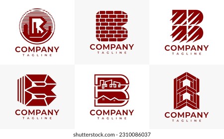 Construction letter B logo design set. Brick, wall, and building initial B logo.
