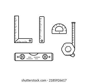 Construction Level, Ruler, Roulette Centimeter. Doodle Set Of Measuring Tools, Vector Illustration