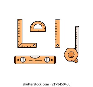 Construction Level, Ruler, Roulette Centimeter. Doodle Set Of Measuring Tools, Vector Illustration