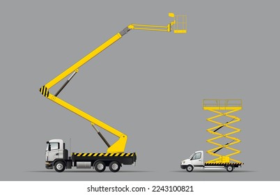 Equipo de construcción. Un conjunto de imágenes de plataformas aéreas en un chasis de coche. Ilustración vectorial.