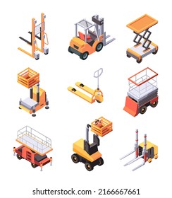 Construction lifting. Transport for builders garish vector lifting platforms illustrations in isometric style