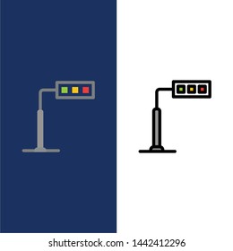 Construction, Light, Tower, Road  Icons. Flat and Line Filled Icon Set Vector Blue Background
