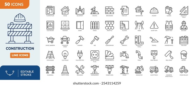 Construction line editable icon set.	
