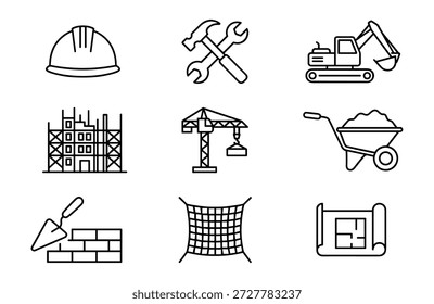 Línea de construcción editable conjunto de iconos, equipo de construcción herramientas grúa trabajo de seguridad. Ilustración vectorial de contorno para el diseño de ui del App del Web de la arquitectura