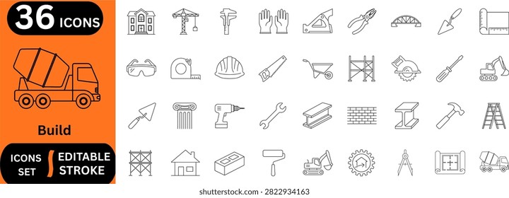 Construction line editable icon set. Containing excavator, crane, blueprint, hard hat, hammer, drill, scaffolding, and more. Editable stroke. Vector illustration