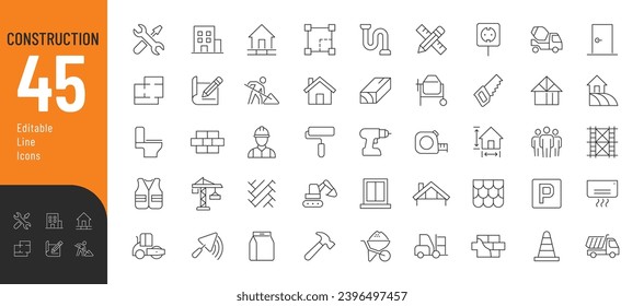 Construction Line Editable Icons set. Vector illustration in modern thin line style of renovation related  icons: construction equipment and tools, stages of construction and finishing.