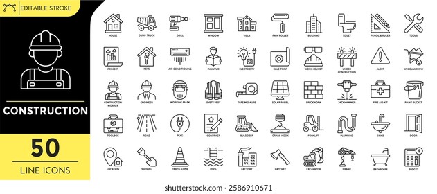 Construction Line editable icons set. Editable Stroke. Containing icons: engineer, dump truck, construction worker, toolbox, project, buldozer, excavator, crne, forklift, and more. Vector Illustration