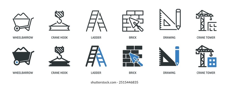 Construction line and glyph solid icons collection. Minimal icon and symbol series vector illustration
