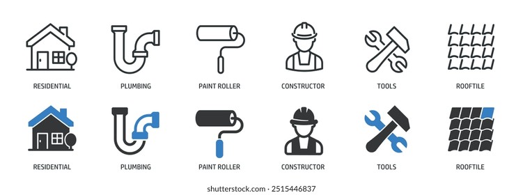 Construction line and glyph solid icons collection. Minimal icon and symbol series vector illustration
