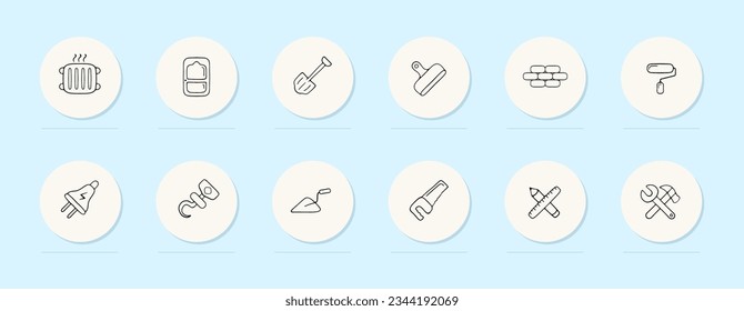 Construction line icon. Bricks, hammer, helmet, key, markings, stop sign, nails. Pastel color background. Vector line icon