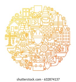 Construction Line Icon Circle Design. Vector Illustration of Building Equipment Objects.