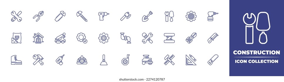 Symbolsammlung der Baulinie Bearbeitbarer Strich. Vektorgrafik. Mit Reparaturwerkzeugen, Zangen, Schrauben, Driller, Axt, Schaufel, Werkzeuge, Cograd, Bohrer, Zement, Haus, Kranwagen.