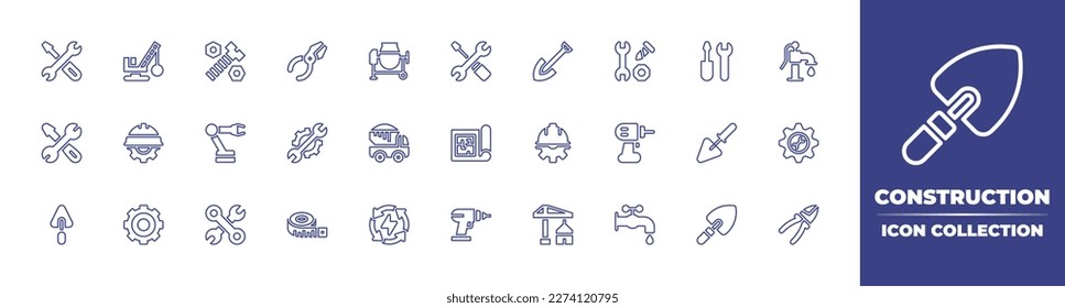 Construction line icon collection. Editable stroke. Vector illustration. Containing repair, demolition crane, bolt, pliers, concrete mixer, tools, shovel, equipment, tool, water pump, technics, engine