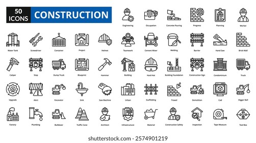 Construction line icon collection set. Includes manufacturing, plan, production, structure, construct, tower, build, industry
