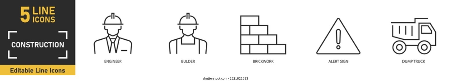 Conjunto de iconos de línea de construcción. Conjunto de 5 iconos de contorno relacionados con el ingeniero, constructor, ladrillo, señal de alerta, camión de volteo y más. Ilustración vectorial.