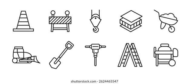 Conjunto de ícones da linha de construção. Ferramentas de construção e ilustração de vetor de contorno de equipamento. Símbolos de segurança, maquinaria e reparação do local. Elementos industriais para projetos de arquitetura e de concepção de estradas.