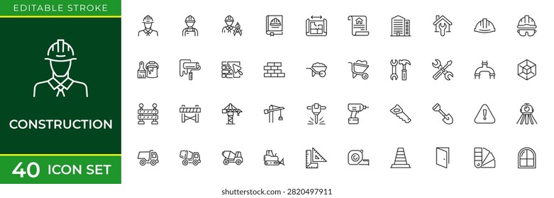 Construction Line Icon Set for Building, Engineering, Architecture, Heavy Equipment and Infrastructure Development Outline Vector Collection