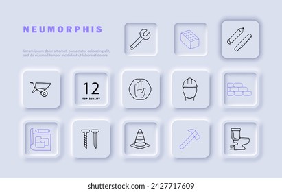 Construction line icon set. Cone, brick, helmet, screw, stop sign, drawing, cart, pencil, ruler. Neomorphism style. Vector line icon for business and advertising