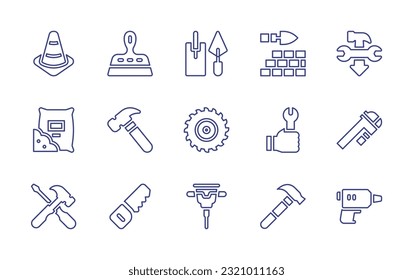 Construction line icon set. Editable stroke. Vector illustration. Containing cone, spatula, construction tools, brick wall, low, cement, hammer, miter saw, wrench, caliper, hammer tool, sawing.