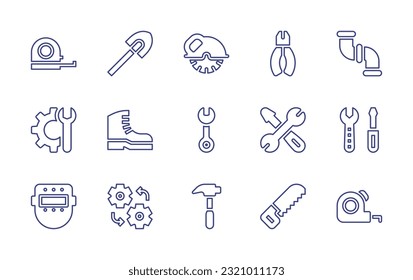 Construction line icon set. Editable stroke. Vector illustration. Containing measuring tape, shovel, circular saw, plier, pipe, repair tool, boots, wrench, technics, repair, construction and tools.