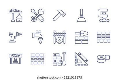 Conjunto de iconos de la línea de construcción. Trazo editable. Ilustración vectorial. Conteniendo en construcción, llave inglesa, martillo, émbolo, abrazadera, taladro, tubería de agua, barrera de tráfico, pared de ladrillo, ladrillo, trabajo en curso