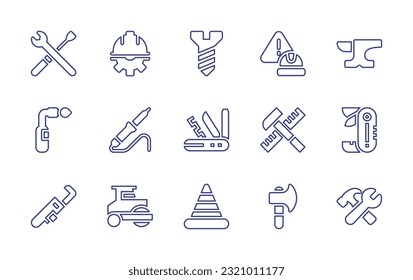 Construction line icon set. Editable stroke. Vector illustration. Containing under maintenance, labor day, screw, sign, anvil, construction and tools, welder, utility knife, hammer, swiss army knife.