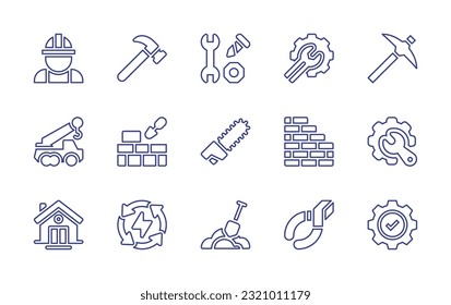 Construction line icon set. Editable stroke. Vector illustration. Containing worker, hammer, equipment, settings, pick, crane truck, brick wall, saw, parquet, settings gear icon, house, save, shovel.