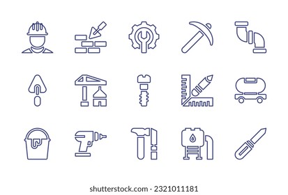 Construction line icon set. Editable stroke. Vector illustration. Containing construction and tools, trowel, maintenance, pickaxe, plumbing, under construction, bolt, measure, tanker, bucket, drill.