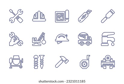 Construction line icon set. Editable stroke. Vector illustration. Containing tools, construction and tools, interior design, cutter, chisel, demolition crane, helmet, dump truck, faucet, concrete.