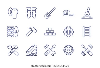 Conjunto de iconos de la línea de construcción. Trazo editable. Ilustración vectorial. Conteniendo hacha, tornillos, pala, cinta de medida, pared, martillo, pared de ladrillo, trabajo en progreso, escalera, herramientas, regla, herramienta, flechas, reparación.