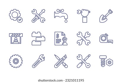 Construction line icon set. Editable stroke. Vector illustration. Containing easy installation, repair, faucet, hand, shovel, work in progress, construction, contract, measure tape, saw, adjustable.