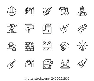 Construction line icon set isolated on white background