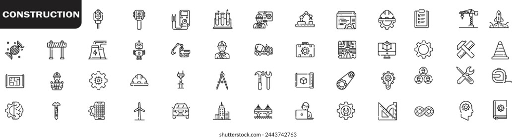 Construction line icon set. Outline web icons set construction, home repair tools. Construction vehicles, elements, equipment. eps 10