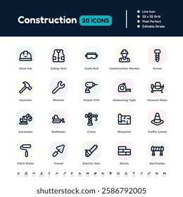 Construction Line Icon Set – Pixel Perfect Editable Stroke Vector Design
