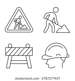Construction line icon set with road work sign, builder working with shovel, barrier, and safety helmet.