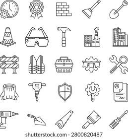 Construction line icon sheet. Universal collection of 20 vector linear icons for building, architecture, engineering, and under construction elements. Editable stroke.