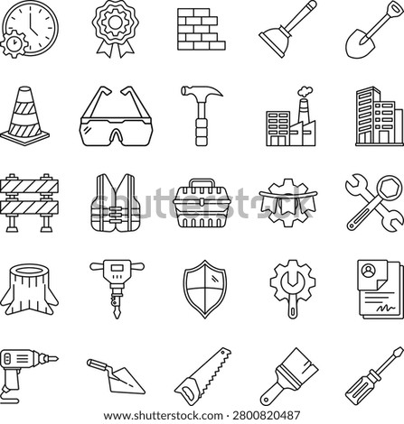 Construction line icon sheet. Universal collection of 20 vector linear icons for building, architecture, engineering, and under construction elements. Editable stroke.