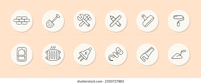 Construction line icon. Shovel, handle, ruler, hammer, spatula, saw, oven. Pastel color background. Vector line icon
