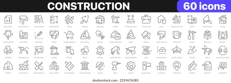Colección de iconos de la línea de construcción. Generar, herramientas, iconos de proyecto. conjunto de iconos de la interfaz de usuario. Paquete de iconos de contorno delgado. Ilustración del vector EPS10