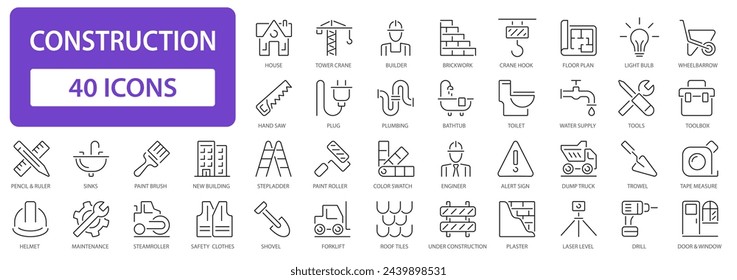 Construction line icons collection. Building and home repair tools outline sign dig set. Simple vector icon.