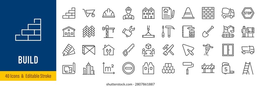 Construction line icons in editable stroke style. Building, architecture, engineering, renovation, contractor, tools, blueprint, house construction collection. Editable stroke. Vector